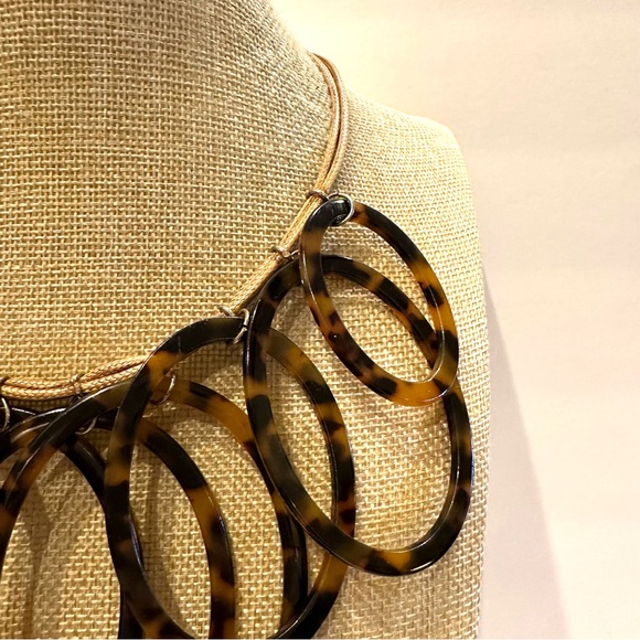 Natasha Necklace brown multistrand cord w/ large faux tortoise oval rings - Picture 4 of 9